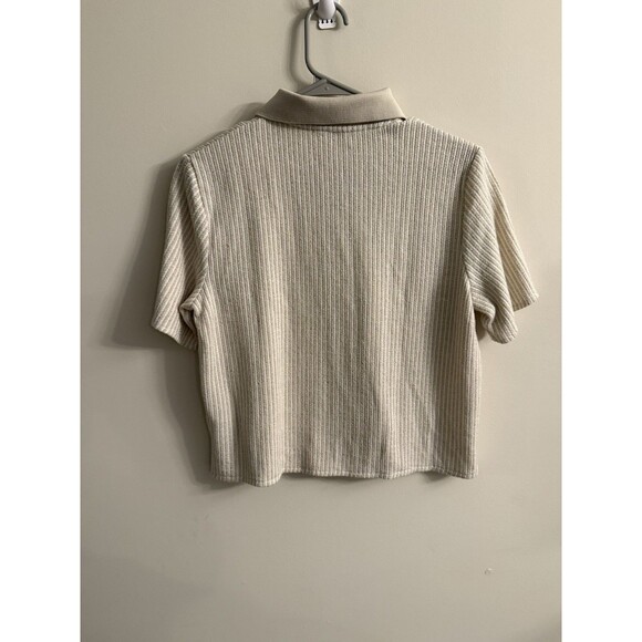 Linea Moda Italy Beige Button Down Knit Shirt M Glitter Thread Short Sleeve - Picture 6 of 10